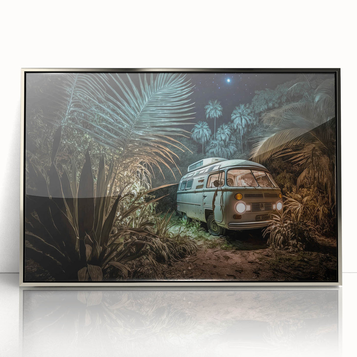 Art deco poster of a silver caravan in a minimalist style, framed acrylic, ideal for modern nursery wall art.