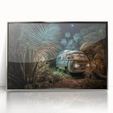 Art deco poster of a silver caravan in a minimalist style, framed acrylic, ideal for modern nursery wall art.