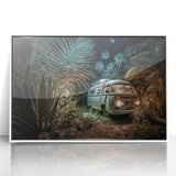 Mid-century modernist caravan print in muted earth tones on white acrylic, framed, suitable for nursery wall decor.