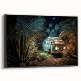 Black and white vintage poster art of a caravan in a landscape on framed canvas, ideal for bedroom wall decor.