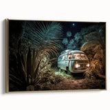 Framed canvas featuring a vintage caravan in a landscape, rendered in black with colorful accents, ideal for a living room.