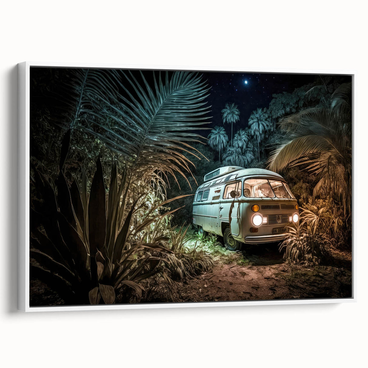 Framed canvas featuring a vintage black caravan in a landscape setting, ideal for bedroom wall decor.