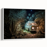 Framed canvas featuring a vintage black caravan in a landscape setting, ideal for bedroom wall decor.