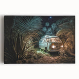 Black and white illustration of a caravan on stretched canvas, suitable for kitchen wall art.