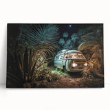 Black and white photo of a caravan on stretched canvas, ideal for kitchen wall art or bedroom decor.