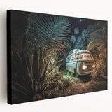 Side view of a vintage caravan on stretched canvas with muted earth tones, suitable for kitchen wall art.