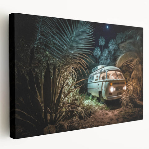 Side view of a vintage caravan on stretched canvas with muted earth tones, suitable for kitchen wall art.
