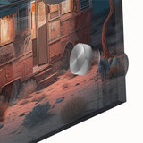 Large abstract wall art depicting a colorful caravan scene on acrylic glass.
