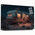 Side view of a caravan depicted in large abstract wall art on acrylic glass, featuring neutral and earth tones.