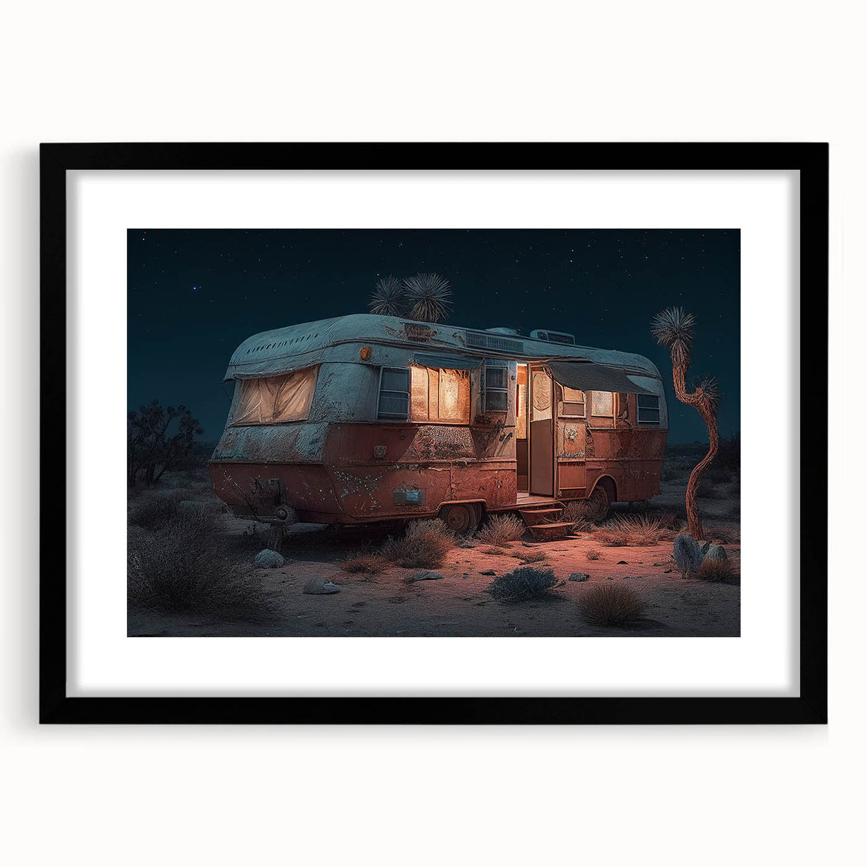 Extra large abstract art print featuring a colorful, textured caravan design on a black framed canvas.