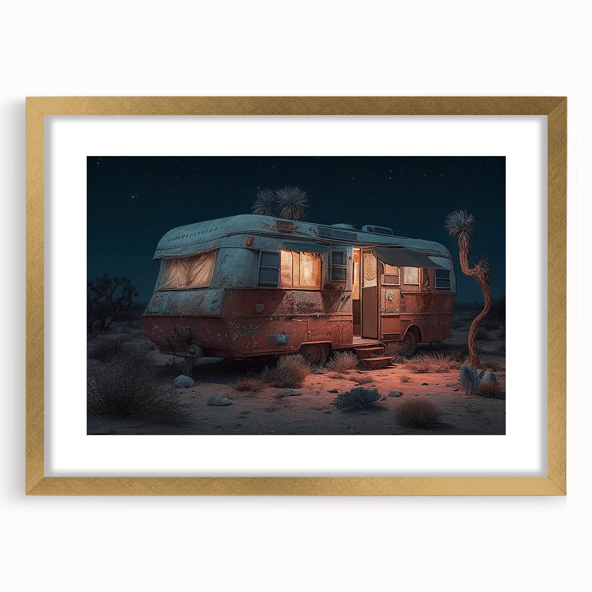 Textured art featuring abstract caravan in muted gold and brown tones on a framed print, suitable for bedroom decor.