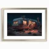 Abstract art print of a caravan in muted earth tones on a silver-framed canvas, suitable for dining room decor.