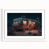 Extra large abstract art print featuring a textured, multicolored caravan design on a white framed canvas.