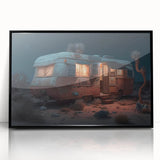 Mid-century modernist caravan depicted in muted earth tones on a large framed acrylic print.
