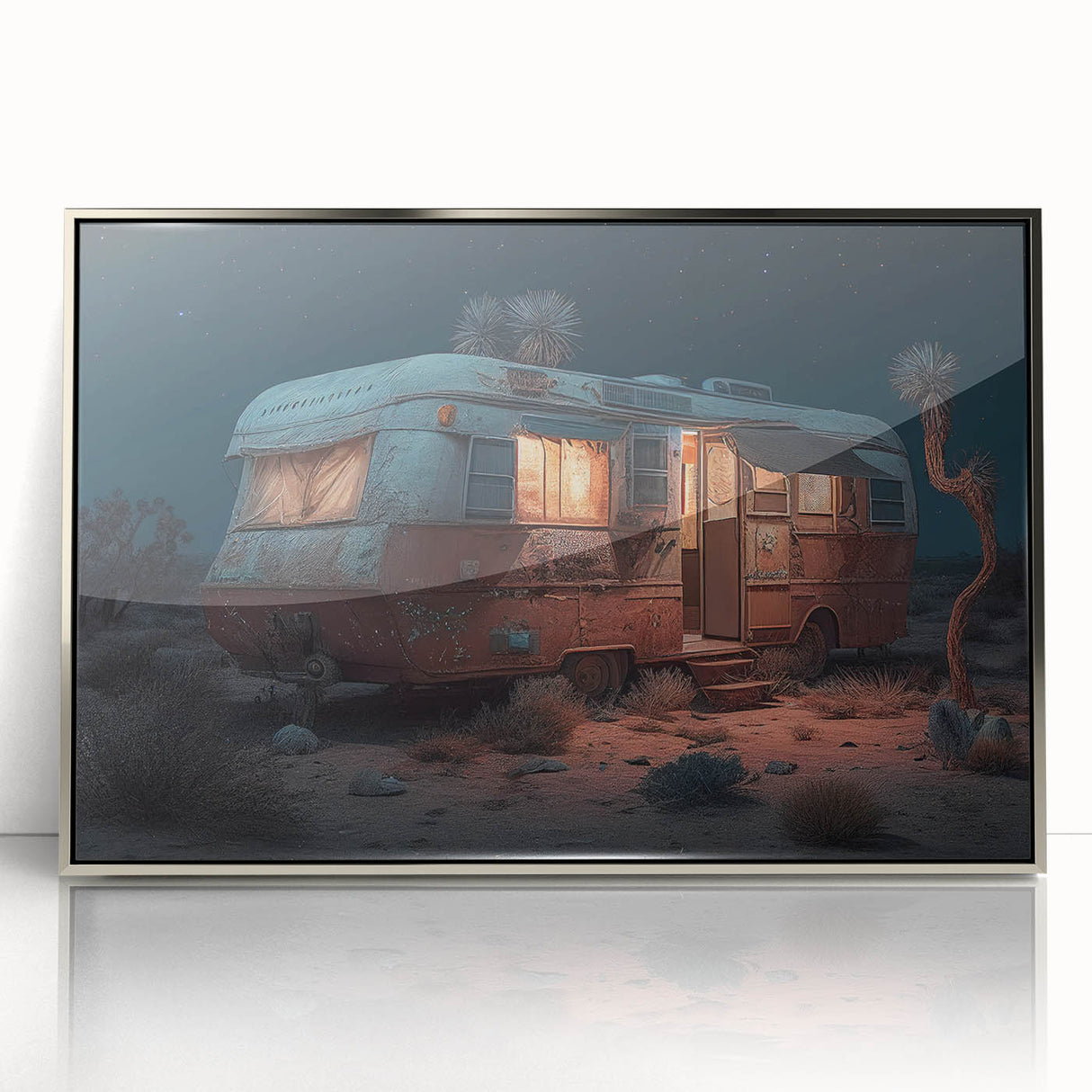 Art deco poster featuring a streamlined silver caravan on acrylic, ideal for modern nursery wall decor.