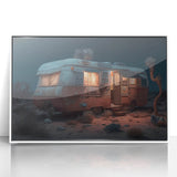 Large abstract wall art featuring a mid-century modernist caravan design in muted earth tones on a white acrylic framed…