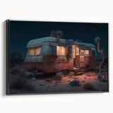 Black and white framed canvas featuring a side view of a vintage caravan, ideal for bedroom wall decor.