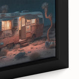 Black wall art featuring a textured, colorful caravan design on a framed canvas, suitable for extra large living room spaces.