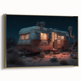 Framed canvas featuring a vintage caravan in a colorful landscape, ideal for adding a retro touch to living spaces.