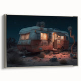 Vintage poster art of a colorful caravan on a black background, printed on extra large framed canvas.