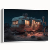 Framed canvas of a vintage caravan in a landscape setting, rendered in black and white, suitable for bedroom wall art.