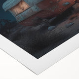 Art deco poster featuring a vintage caravan in muted teal and orange, printed on rolled canvas.