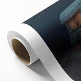 Art deco style caravan illustration in muted pastel colors on rolled canvas, ideal for nursery wall art.