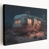 Side view of a vintage caravan depicted in pastel colors on a stretched canvas, suitable for kitchen wall art.