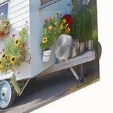 Mid-century modernist large abstract wall art featuring a caravan, in vibrant colors on acrylic glass.