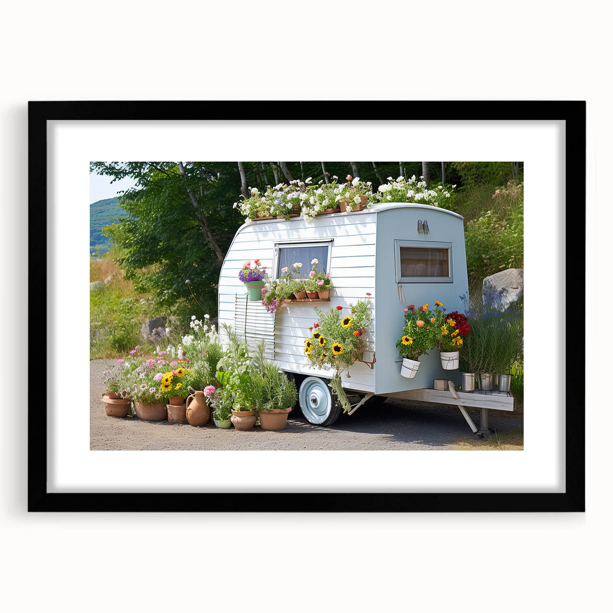 Extra large abstract art print of a colorful, textured caravan on a black framed canvas, ideal for living room decor.