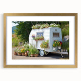 Textured abstract art print of a caravan in gold frame, featuring soft earth tones, ideal for bedroom art.