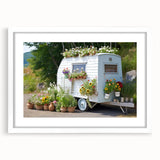 Extra large abstract art print featuring textured caravan motifs in neutral tones, framed in white.