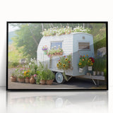 Large abstract wall art featuring a mid-century modernist caravan design in black and white tones on framed acrylic.