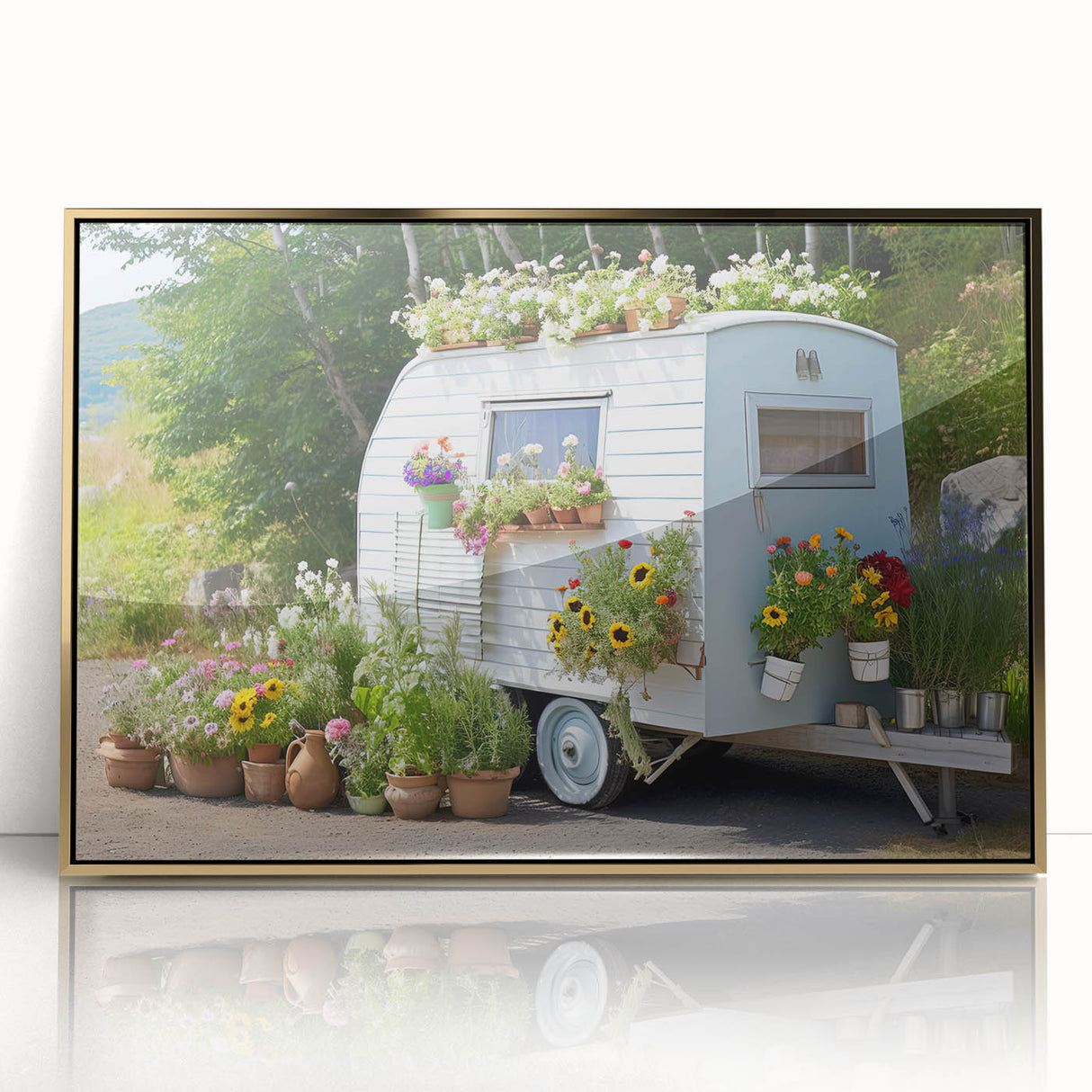 Mid-century modernist caravan art in acrylic print with gold frame, ideal for nursery wall art.