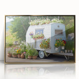 Mid-century modernist caravan art in acrylic print with gold frame, ideal for nursery wall art.