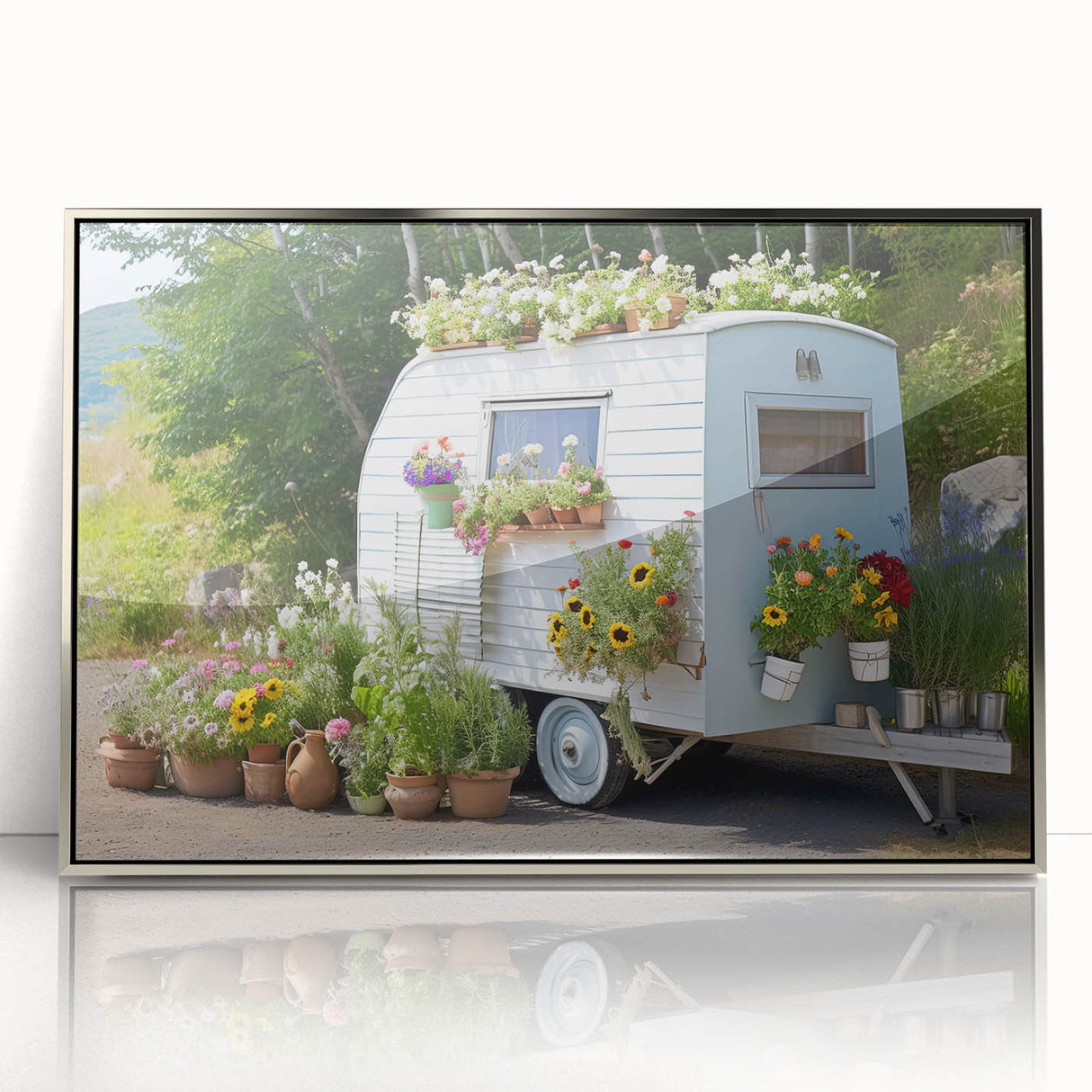 Art deco poster of a vintage caravan in silver and gray tones, acrylic print framed, suitable for modern nursery decor.
