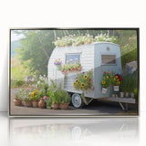 Art deco poster of a vintage caravan in silver and gray tones, acrylic print framed, suitable for modern nursery decor.