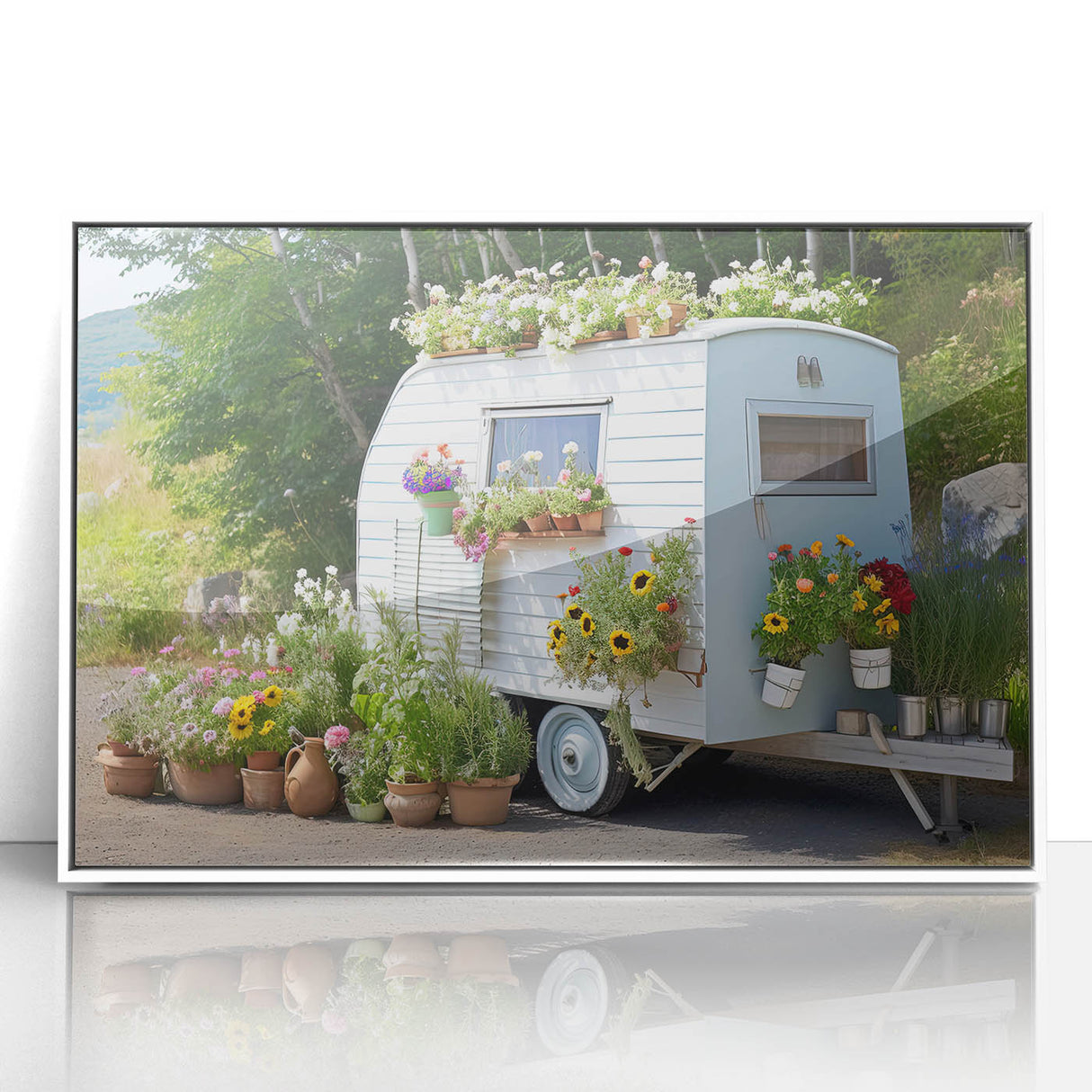 Mid-century modernist style caravan illustration in muted earth tones on a white acrylic framed print.