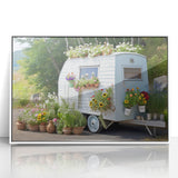 Mid-century modernist style caravan illustration in muted earth tones on a white acrylic framed print.