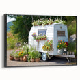 Black and white framed canvas of a vintage caravan, ideal for bedroom wall decor.