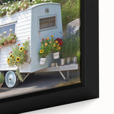 Extra large framed canvas featuring a textured, colorful caravan design on a black background, ideal for living room decor.