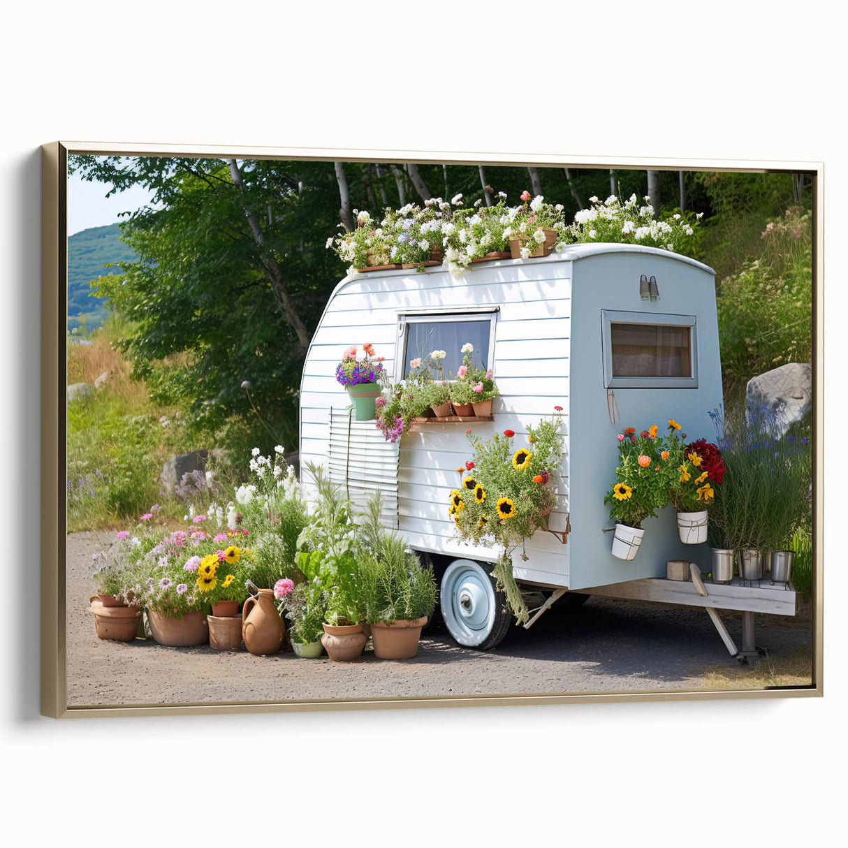 Landscape art painting of a vintage caravan in black with colorful accents on a framed canvas, suitable for a living room.