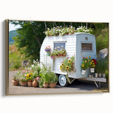 Landscape art painting of a vintage caravan in black with colorful accents on a framed canvas, suitable for a living room.