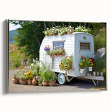 Vintage poster art of a silver caravan on a black background, framed canvas, ideal for living room decor.