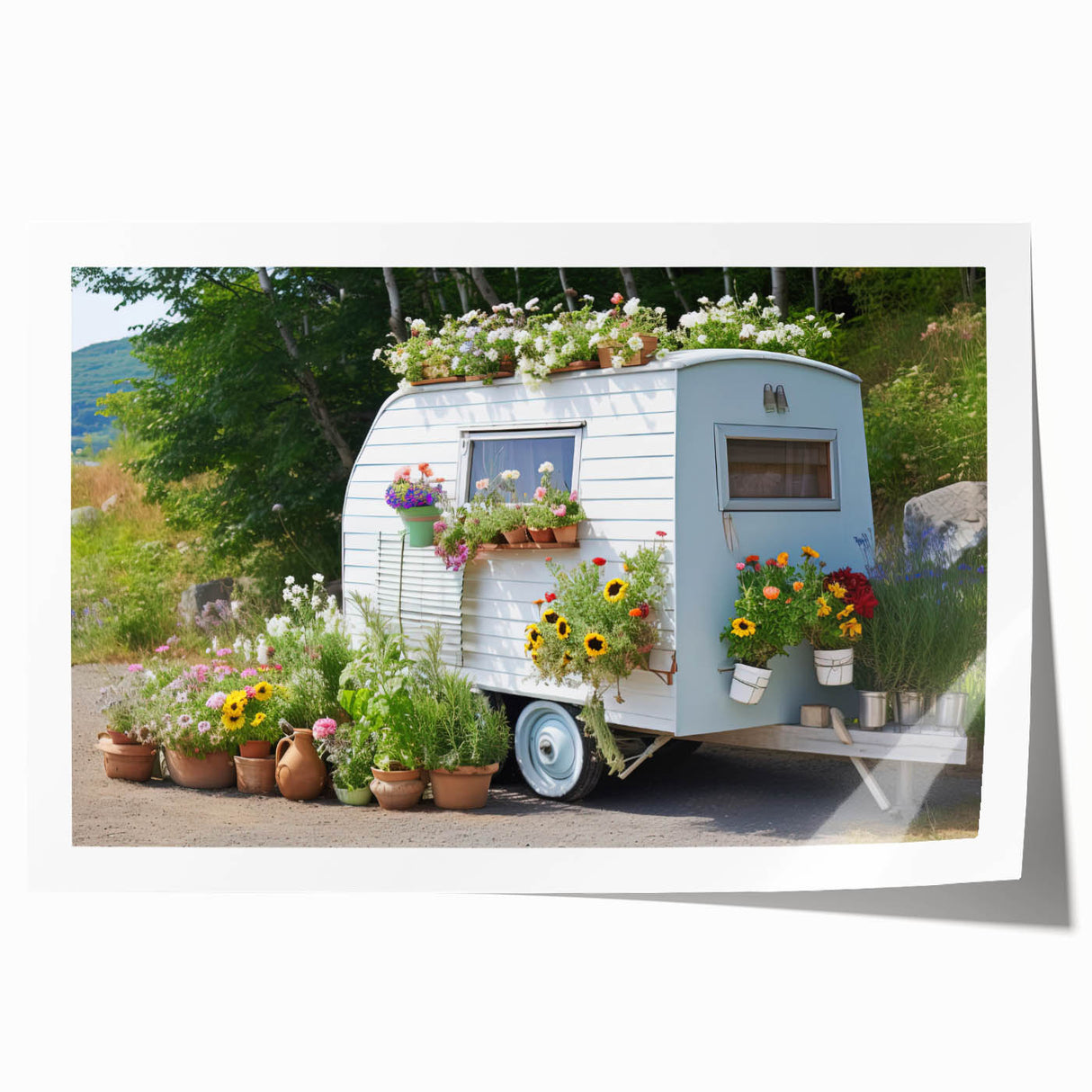 Rolled print of a caravan in muted earth tones, suited for art wall dining room or classy bathroom.