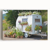 Black and white illustration of a caravan on stretched canvas, ideal for kitchen wall art.