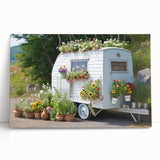 Black and white photo of a caravan on stretched canvas, ideal for kitchen wall art or bedroom ambiance.
