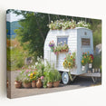 Side view of a colorful caravan depicted in a minimalist style on stretched canvas, suitable for kitchen wall art.
