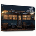 Side view of a caravan depicted in muted earth tones on acrylic glass, suitable for dining room decor.