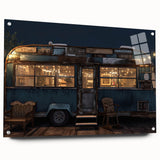 Side view of a caravan depicted in muted earth tones on acrylic glass, suitable for dining room decor.